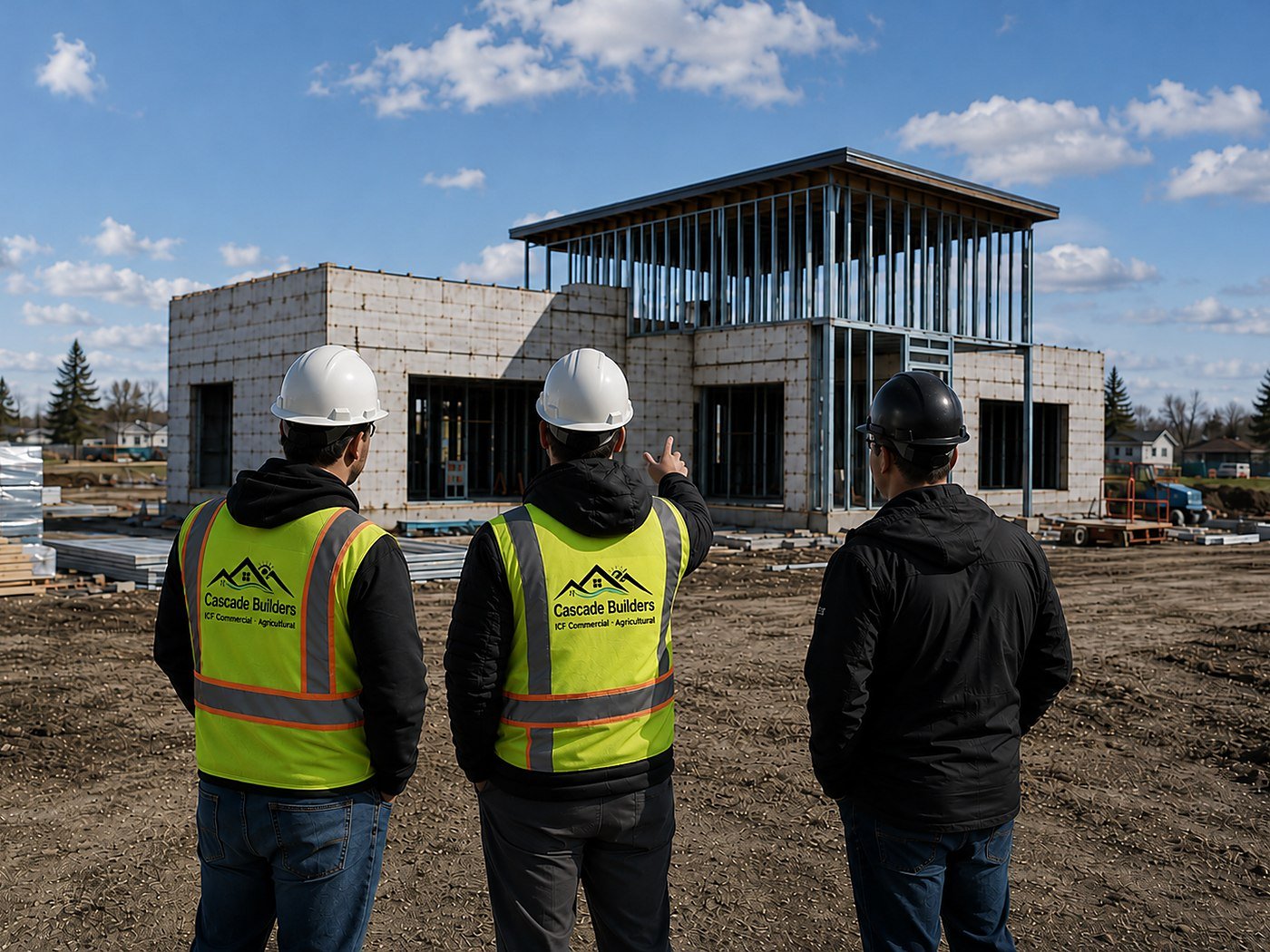 Cascade Builders crew reviewing an ICF building under construction