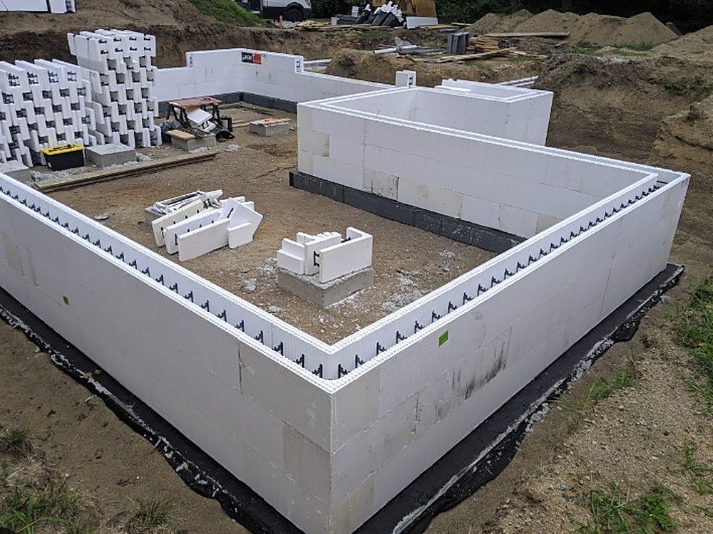 ICF foundation stacked and squared on a Saskatchewan build site