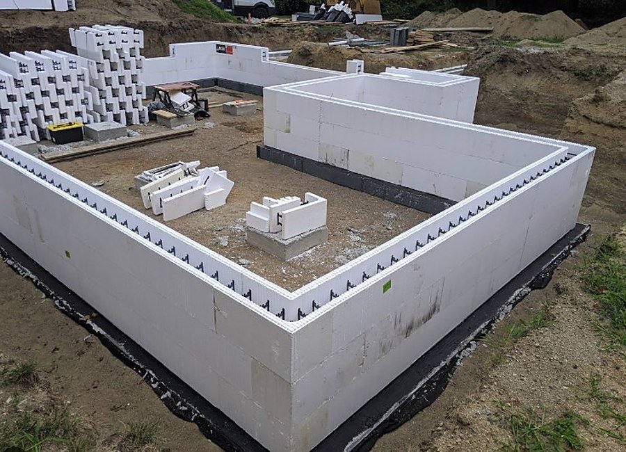 ICF foundation walls stacked and squared on a Saskatchewan build site